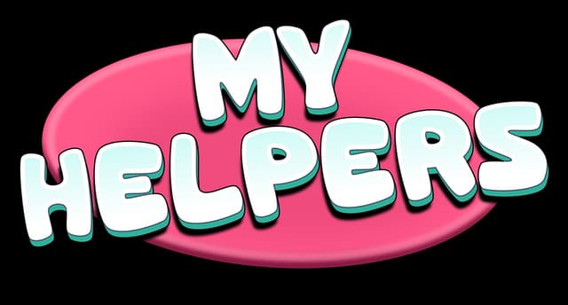 My Helpers: Rounded bubble letters with teal outline, bold drop shadow, pink oval badge.