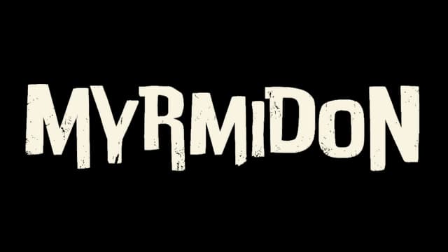 Rough, blocky font with distressed texture; uneven letter sizing.