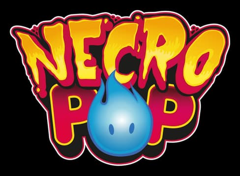 Necro Pop: Bold gooey yellow-red letters with thick outline and blue ghost drop icon.