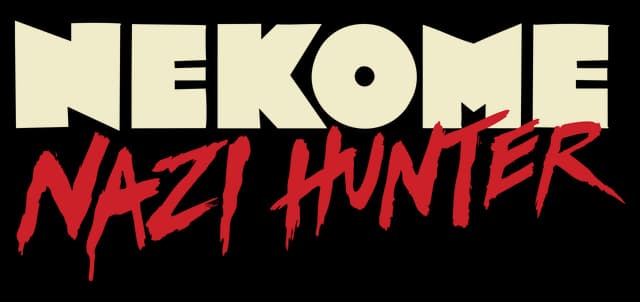 Nekome: Bold blocky letters over jagged red brush script with paint splatter effect.