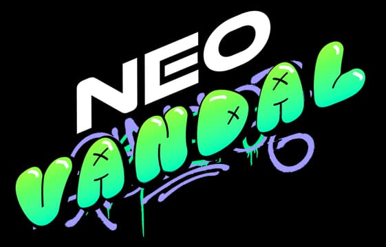 NEO VANDAL: bold slanted white text over neon green graffiti bubble letters, drips.