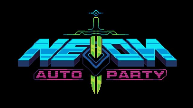Pixelated font with 3D depth, central sword motif, and neon accents.