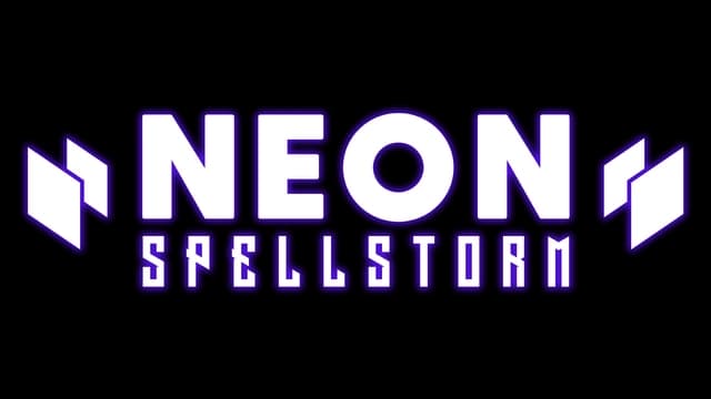 Neon-style font with angular, futuristic block letters and purple accents.