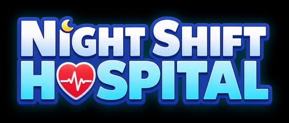 Night Shift Hospital: Chunky 3D rounded letters with blue glow and heart ECG icon.