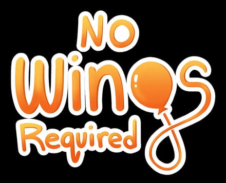 No Wings Required: Rounded orange gradient letters with balloon “g” and thick outline.
