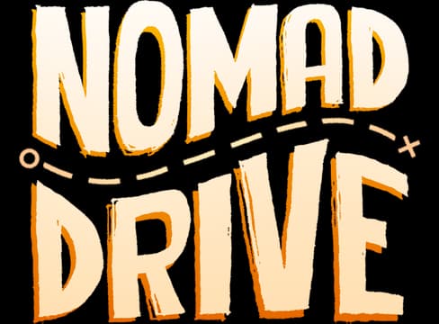 Nomad Drive: Bold arched block letters with rough edges and dashed road underline.