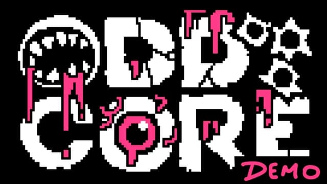 Pixelated, cracked white font with pink drips and jagged edges, teeth motif on “O”.