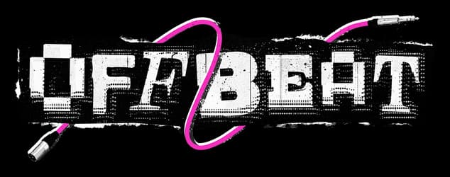 OFFBEAT: Distressed bold block lettering, magenta audio cable swooping through center.