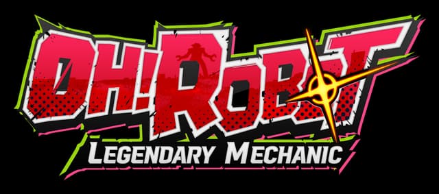 Oh! Robot: Bold comic-style 3D red letters with halftone dots and starburst spark.