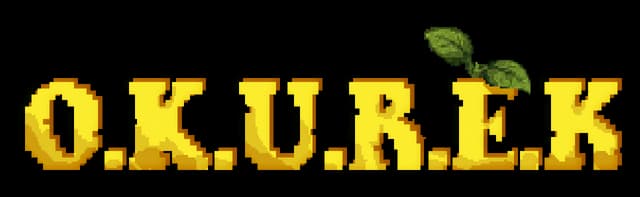 OKUREK: Chunky pixel serif letters in gold with dark shading, leaf accents above E.