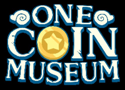 One Coin Museum: Bold serif letters with teal outline, coin “O”, swirl flourishes.