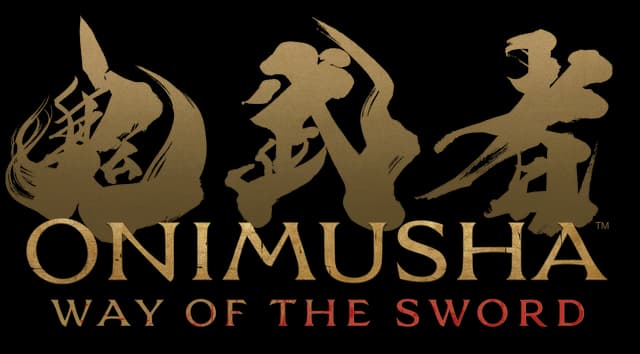 Onimusha: Gold brushstroke kanji above sharp serif title with red subtitle text.