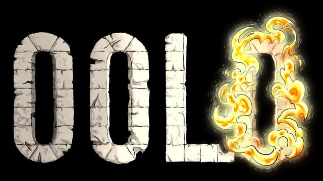 Brick-like letters with a fiery swirl effect on the final letter 'O'.