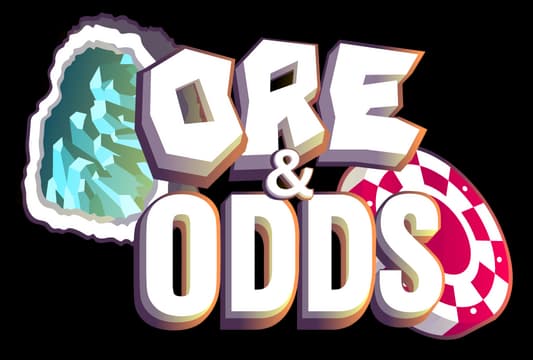 Ore & Odds: Chunky 3D block letters with gold bevel, gem and poker chip accents.