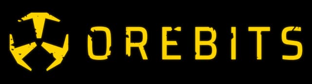 Orebits: Bold sci-fi stencil lettering with yellow glow and chipped, distressed edges.