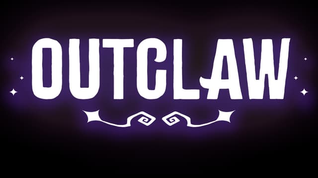 OUTCLAW: Bold white font with shadow, adorned with star and swirl motifs.
