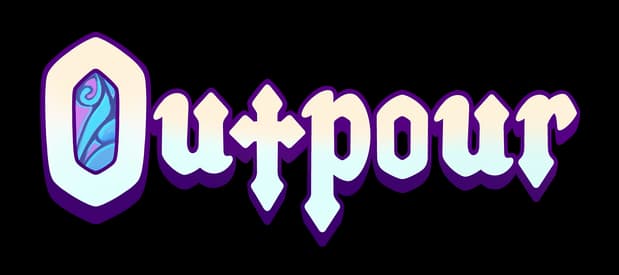 Outpour: Gothic serif wordmark with purple outline and stained-glass O inset.