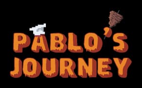 Pablo’s Journey: Chunky pixel font, orange 3D shading, chef hat and kebab icon.