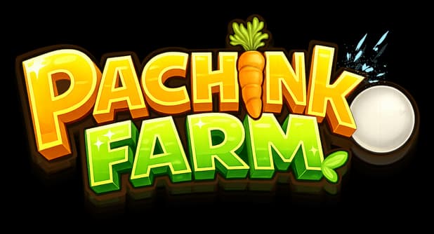 Pachinko Farm: Bold 3D cartoon lettering, glossy highlights, carrot icon, drop shadow.