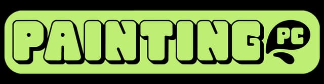 Painting PC: Bold rounded bubble letters with thick outline, PC in speech bubble.