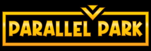 Parallel Park: Bold 3D gold block letters with beveled shine, framed in a badge border.