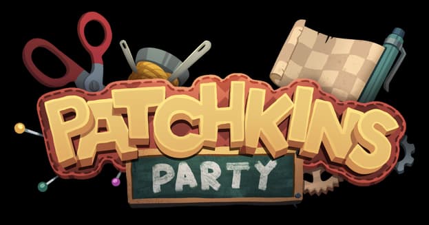 Patchkins Party: Chunky stitched letters with red outline, chalkboard-style PARTY tag.