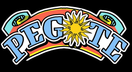 Pegote: Arched bold outlined lettering with central starburst and layered ribbon accents.