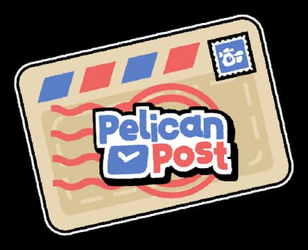 Pelican Post: Rounded bold lettering on a tilted postcard, thick outline, stamp icon.