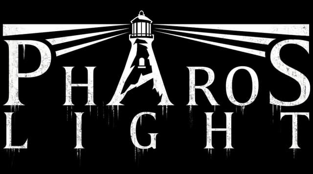 Pharos Light: Distressed serif letters, lighthouse A with beams, dripping glitch effect.