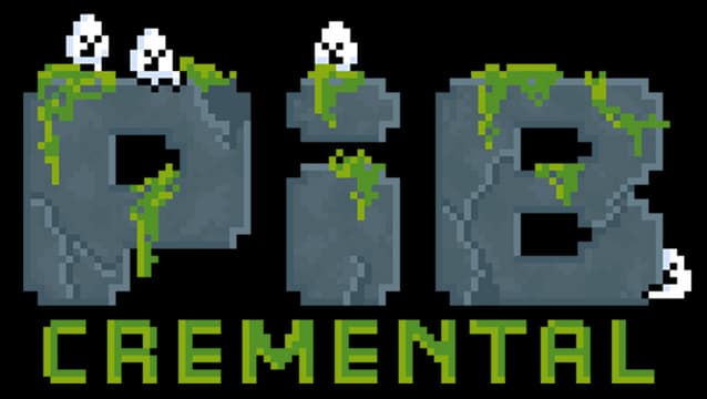 Pibcremental: Chunky pixel stone letters with cracks, moss drips, tiny white blobs perched.