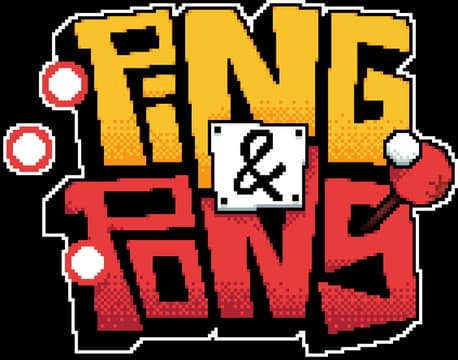 Ping&Pong: Chunky pixel block letters with halftone shading, bold outline, paddles and balls.