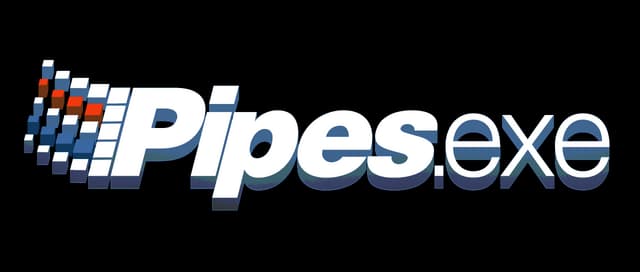 Pipes.exe: Bold italic sans-serif with beveled 3D shading and pixel burst icon.