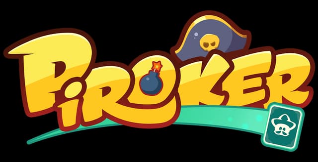 Piroker: Bold cartoon gold letters, thick outline, pirate hat and bomb icon accents.