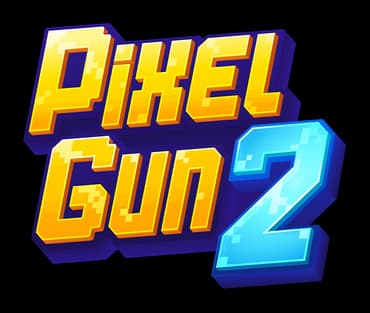 Pixel Gun 2: Chunky pixel-style 3D lettering with bold outlines and glossy highlights.