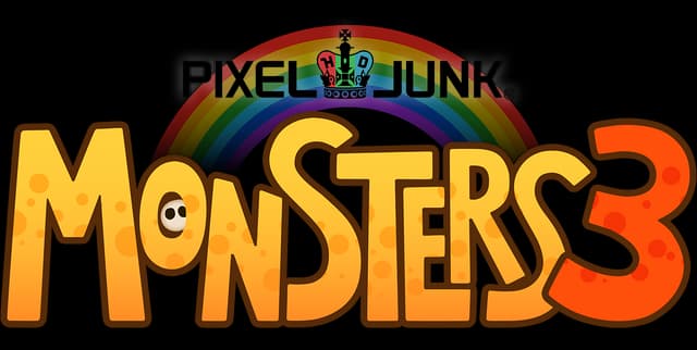 PixelJunk Monsters 3: Bold cartoon letters, rainbow arc banner, dotted shading, thick outline.