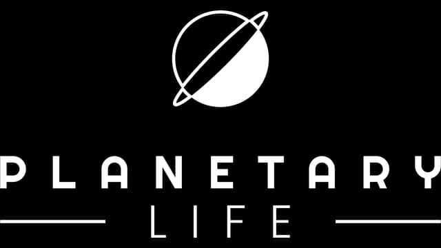 A planet with a ring above bold, geometric font and parallel line accents.