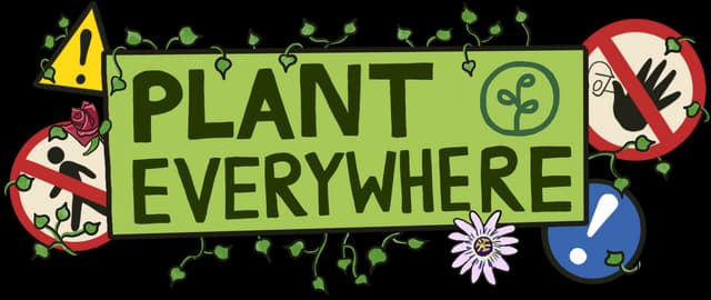 Plant Everywhere: Bold blocky letters on a green signboard with dangling vines and icons.