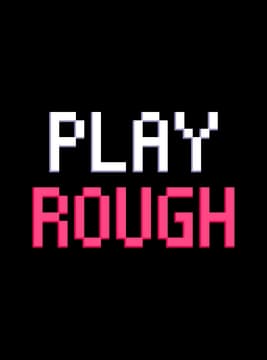 Pixelated block letters with bold outlines, contrasting white and pink colors.