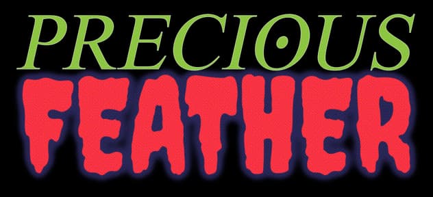 Precious Feather: serif title above rounded bubble letters with thick outline glow.
