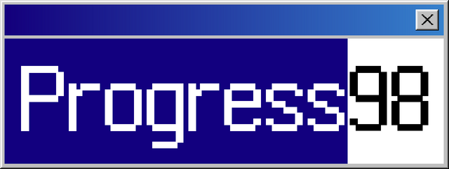 Progress98: Chunky pixel font in a window-style banner, “98” boxed in black.