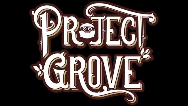 Ornate serif font with flourishes, vines, and a cartoon robot replaces the "O"; whimsical nature-themed design.