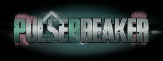 Pulsebreaker: Metallic block letters with grunge texture, cyan glow, scanline bar.