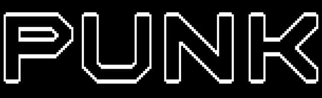 PUNK: Chunky pixel font with angular cut corners and bold white outline effect.