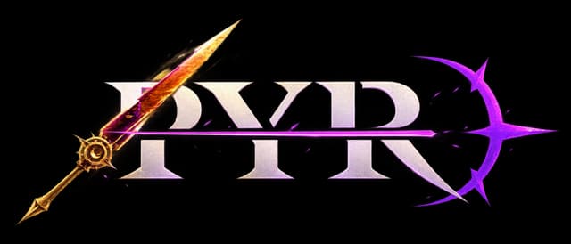 PYR: Beveled serif letters, sword slicing through P, magenta energy trail and flare.