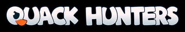 Quack Hunters: Rounded bold bubble letters with thick outline and glossy highlights.