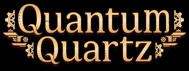 Quantum Quartz: Gears and cogs surround bold serif font with a steampunk flair.