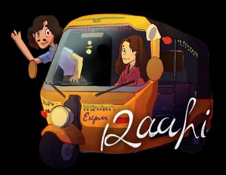 Raahi: Hand-drawn tuk-tuk illustration with flowing cursive white title text.