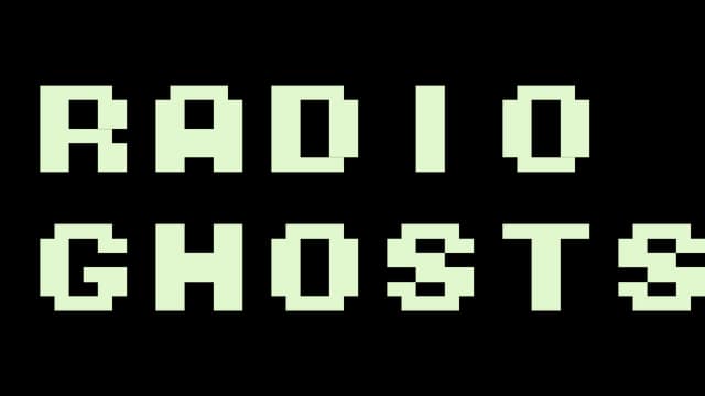 Square, pixelated font with wide spacing, pale green lettering.