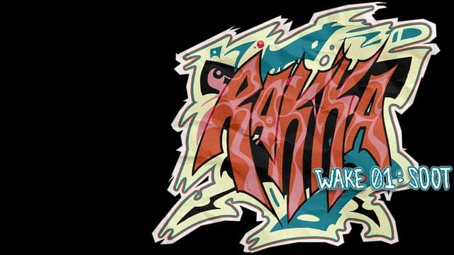 Graffiti-style text with jagged edges, layered textures, vibrant colors.