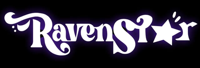 RavenStar: Curly fantasy serif wordmark with thick purple outline and star icon.